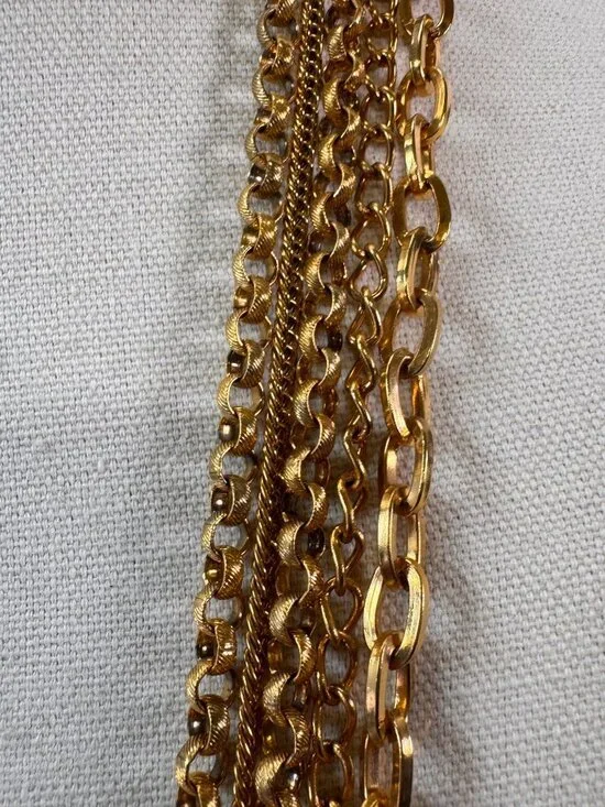 Vintage Gold Tone Heavy Multi 5 Strand Chain Necklace Statement Layered Runway - Picture 2 of 9